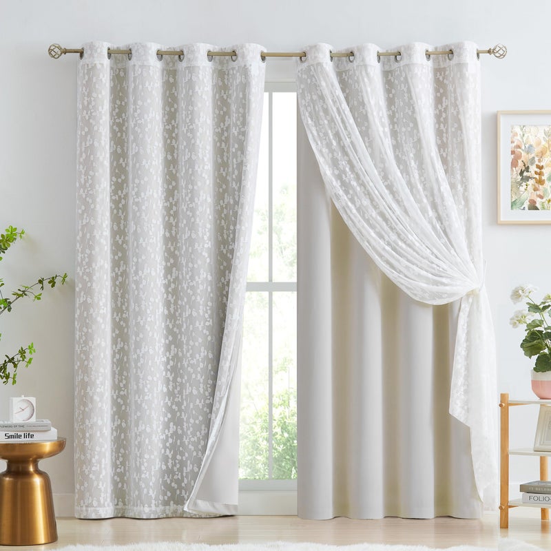 Jubilantex Mix Matched Curtains Leaf Sheer Lace 2 Panels & 2 Full Blackout Curtains Room Darkening Beige Window Treatments for Bedroom Living Room Grommet Top Design 52" W x 84" L Beige & White - Image 3