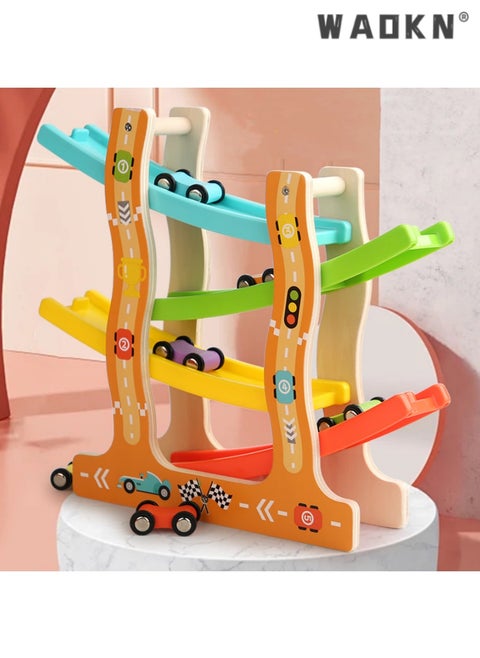 Wooden Four-Track Inertia Gliding Car and Race Track Set Toy, Specially Crafted for Toddlers Aged 1-3, Made of Safe Materials, Combining Education with Fun