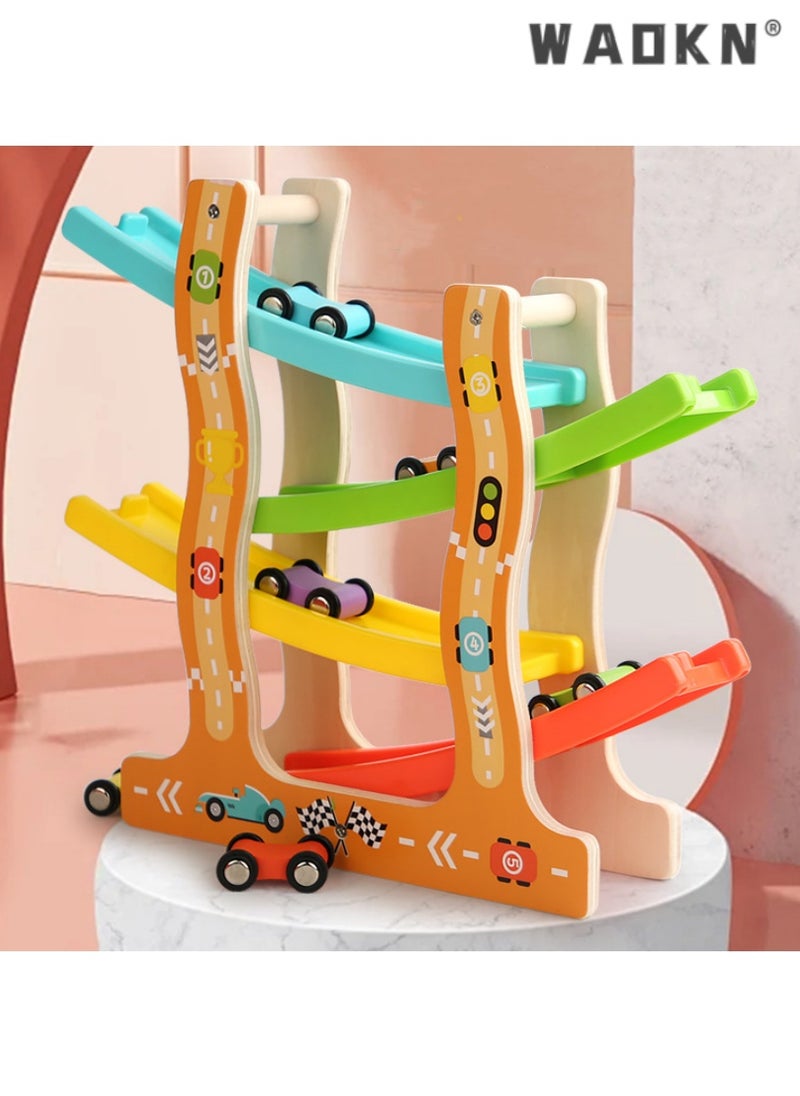 WAOKN - Wooden Four-Track Inertia Gliding Car and Race Track Set Toy, Specially Crafted for Toddlers Aged 1-3, Made of Safe Materials, Combining Education with Fun - Image 1