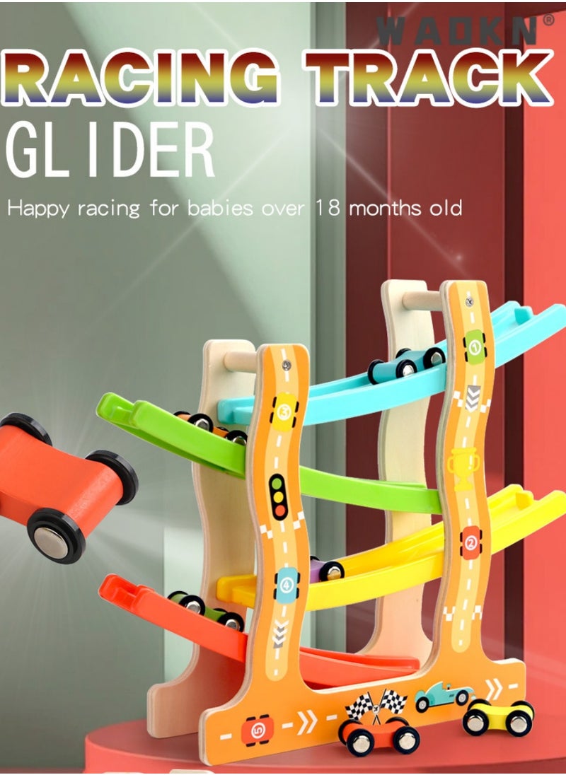 WAOKN - Wooden Four-Track Inertia Gliding Car and Race Track Set Toy, Specially Crafted for Toddlers Aged 1-3, Made of Safe Materials, Combining Education with Fun - Image 1