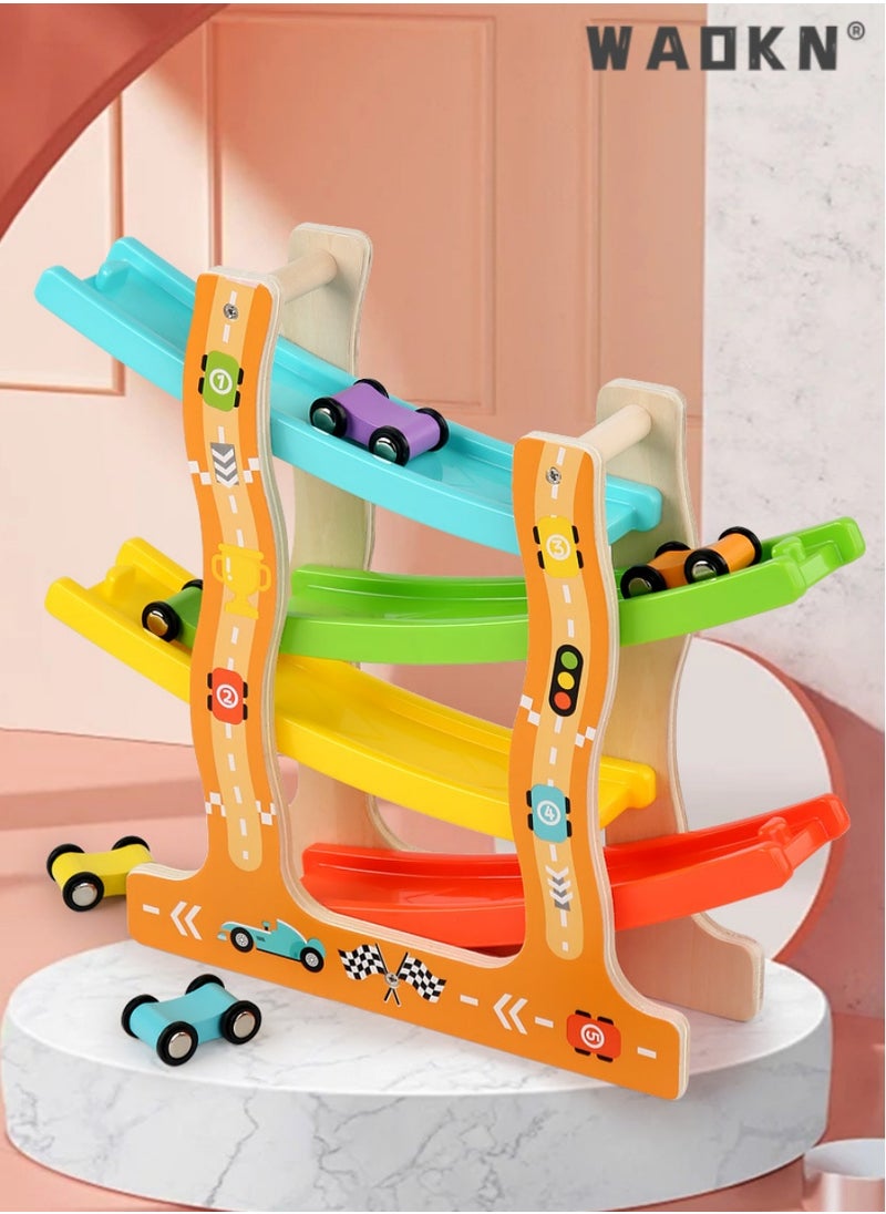 WAOKN - Wooden Four-Track Inertia Gliding Car and Race Track Set Toy, Specially Crafted for Toddlers Aged 1-3, Made of Safe Materials, Combining Education with Fun - Image 1