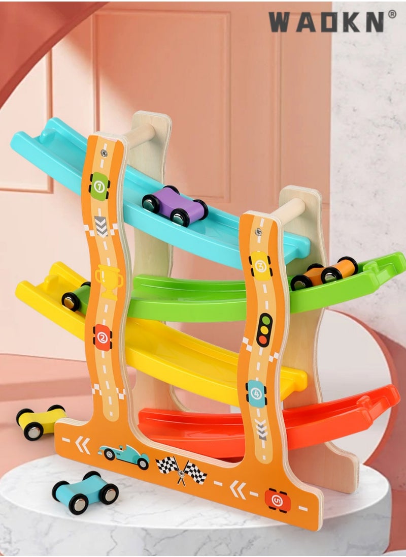 WAOKN - Wooden Four-Track Inertia Gliding Car and Race Track Set Toy, Specially Crafted for Toddlers Aged 1-3, Made of Safe Materials, Combining Education with Fun - Image 1