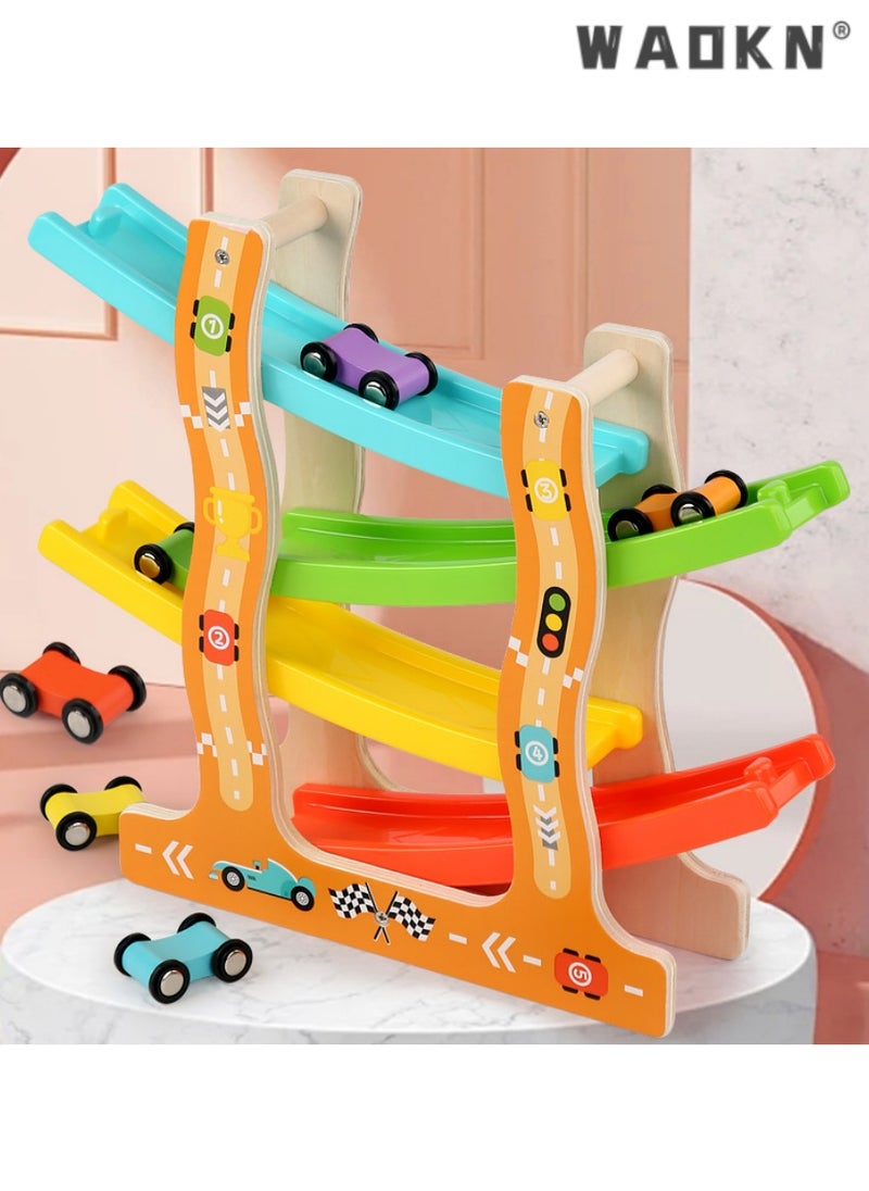 WAOKN - Wooden Four-Track Inertia Gliding Car and Race Track Set Toy, Specially Crafted for Toddlers Aged 1-3, Made of Safe Materials, Combining Education with Fun - Image 1