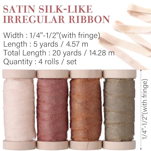 Mindsoft Frayed Chiffon Ribbon for Craft Silk Satin Ribbons 1/2-1/4 Inch x 20 Yard Handmade Fabric Strips with Wooden Spool for Valentines Day Wedding Gift Wrapping(Orange Assorted) - Image 2