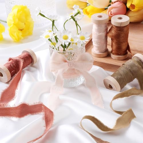 Mindsoft Frayed Chiffon Ribbon for Craft Silk Satin Ribbons 1/2-1/4 Inch x 20 Yard Handmade Fabric Strips with Wooden Spool for Valentines Day Wedding Gift Wrapping(Orange Assorted) - Image 4