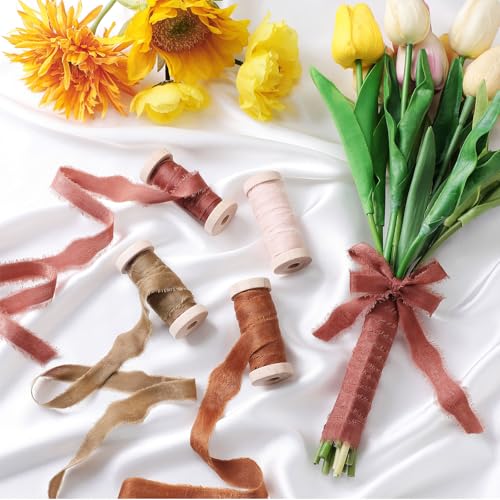 Mindsoft Frayed Chiffon Ribbon for Craft Silk Satin Ribbons 1/2-1/4 Inch x 20 Yard Handmade Fabric Strips with Wooden Spool for Valentines Day Wedding Gift Wrapping(Orange Assorted) - Image 5
