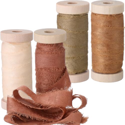 Mindsoft Frayed Chiffon Ribbon for Craft Silk Satin Ribbons 1/2-1/4 Inch x 20 Yard Handmade Fabric Strips with Wooden Spool for Valentines Day Wedding Gift Wrapping(Orange Assorted) - Image 1