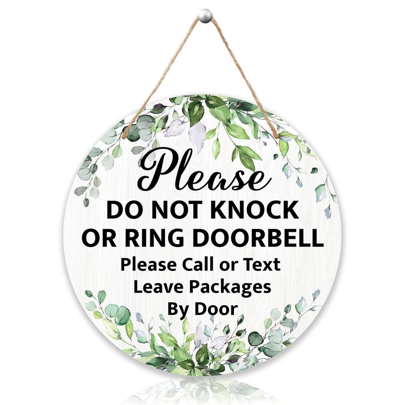 ARS Graphics ARS® Please Do Not Knock Or Ring Doorbell Hanging Sign - Greenery Wooden Round Door Hanger - Image 1
