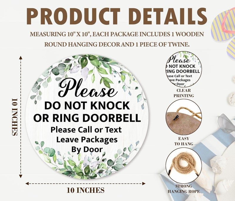 ARS Graphics ARS® Please Do Not Knock Or Ring Doorbell Hanging Sign - Greenery Wooden Round Door Hanger - Image 2