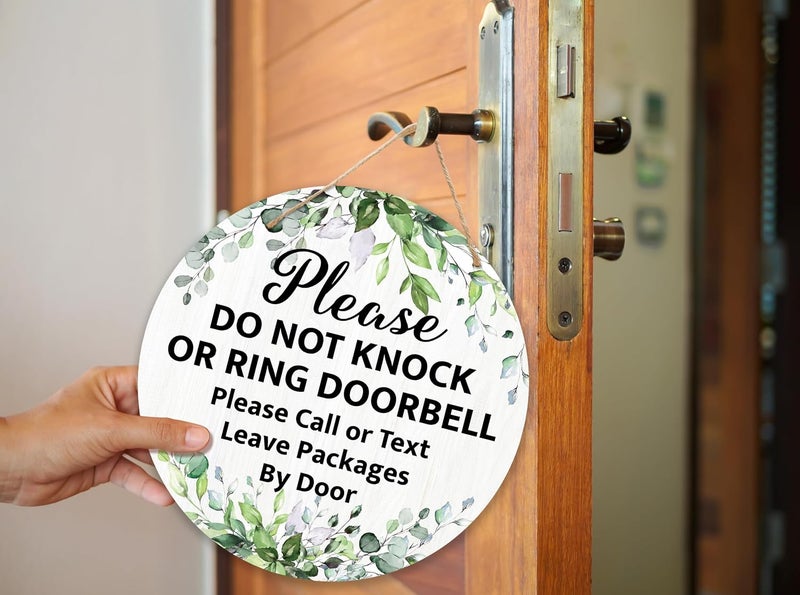 ARS Graphics ARS® Please Do Not Knock Or Ring Doorbell Hanging Sign - Greenery Wooden Round Door Hanger - Image 4