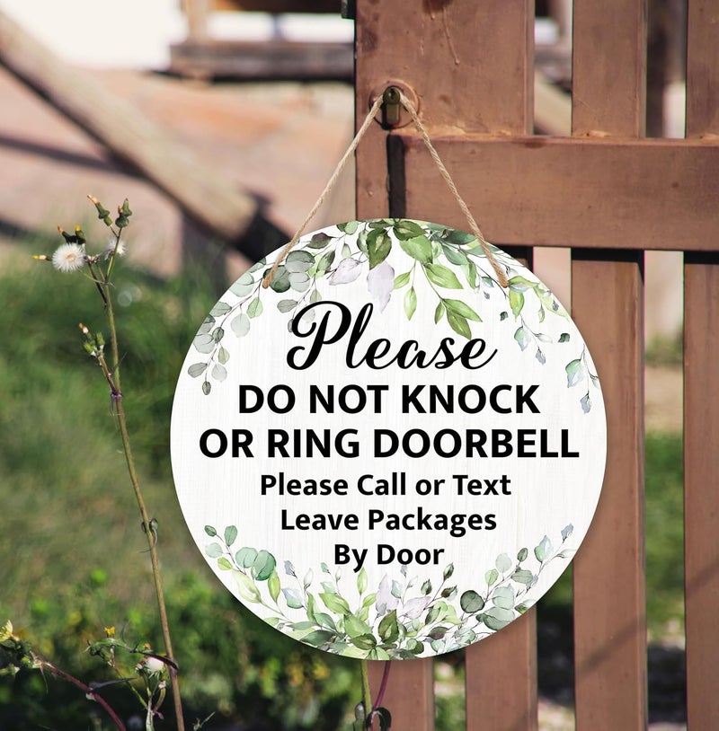 ARS Graphics ARS® Please Do Not Knock Or Ring Doorbell Hanging Sign - Greenery Wooden Round Door Hanger - Image 3