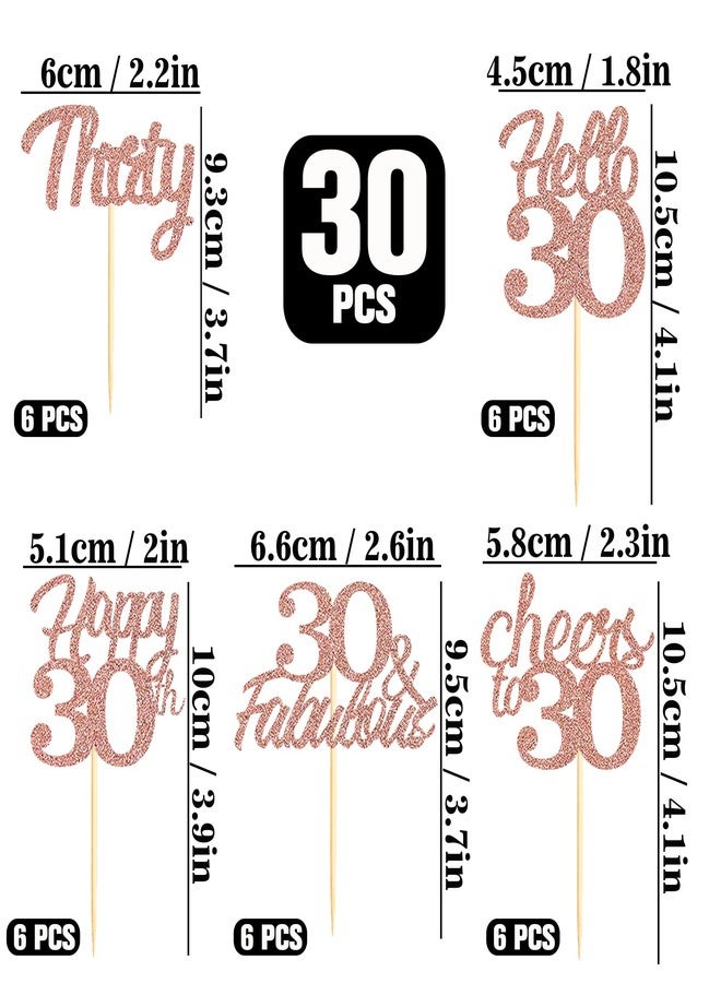 Sotpot 30PCS Happy 30th Birthday Cupcake Toppers Rose Gold Glitter 30 Fabulous Cheers to 30 Cupcake Decorations for 30th Birthday Anniversary Party Supplies - Image 2