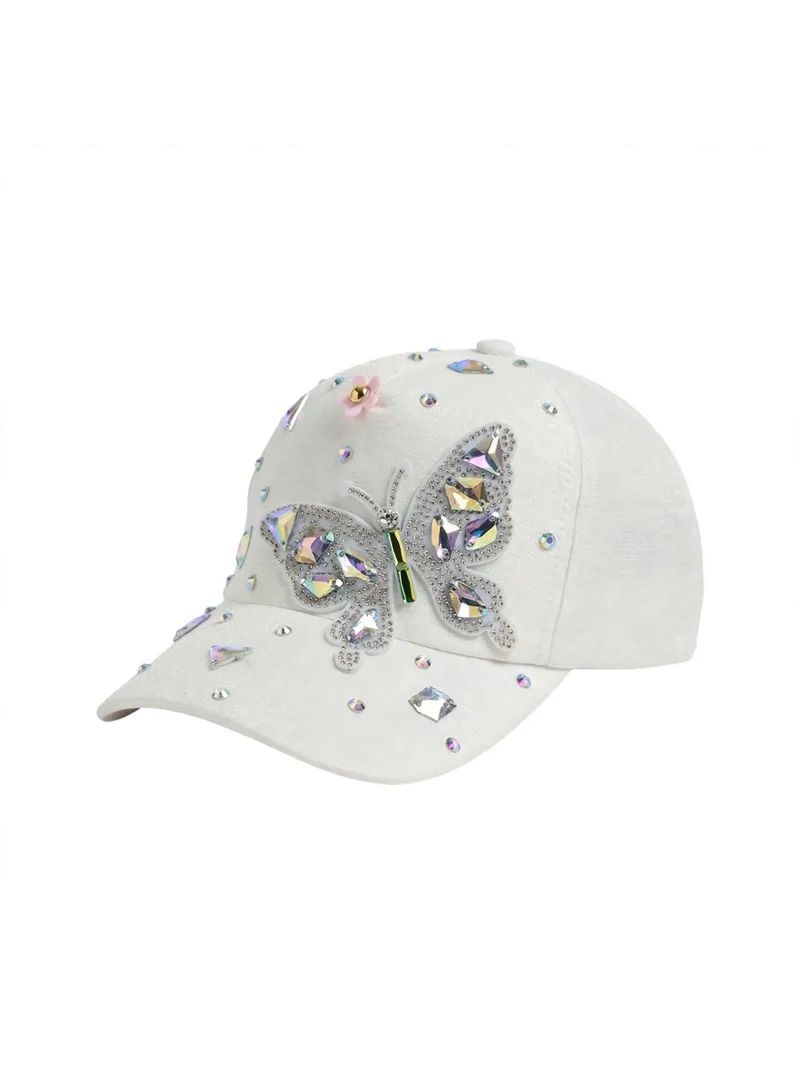 Mobcos Women's Luxury Embellished Baseball Cap, Elegant Adjustable Fashion Hat for Casual Wear & Travel | Ivory Crystal Wings