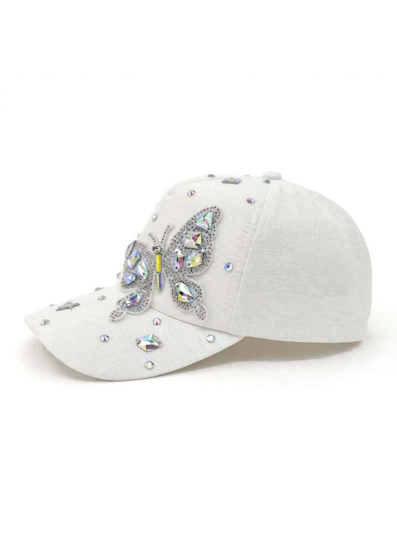 Mobcos Women's Luxury Embellished Baseball Cap, Elegant Adjustable Fashion Hat for Casual Wear & Travel | Ivory Crystal Wings