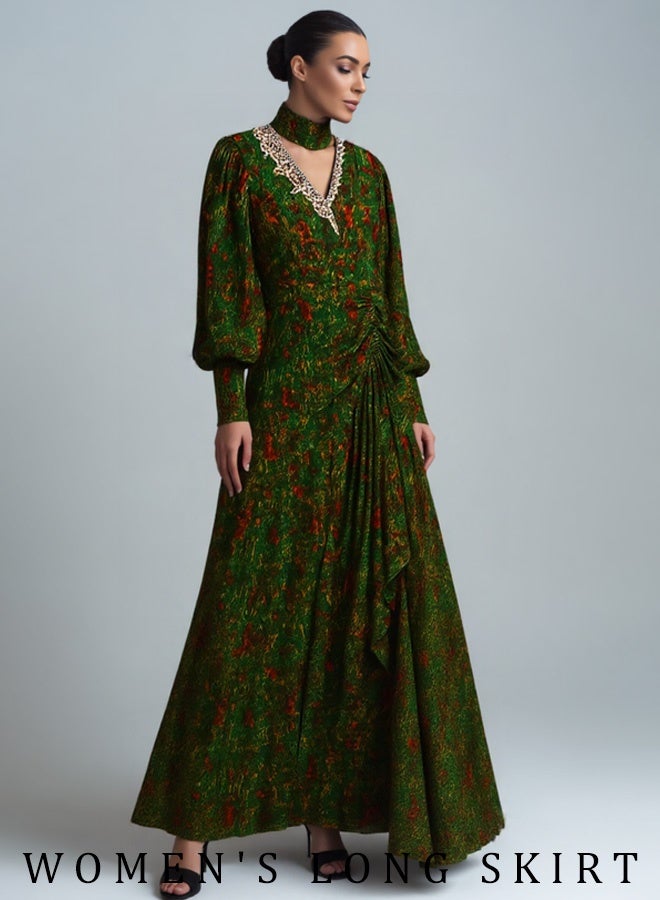 Ladies' dress, elegant and generous, with pleated design at the waist, casual retro V-neck long dress, ankle-length dress, women's casual Eid (green)  - Image 3