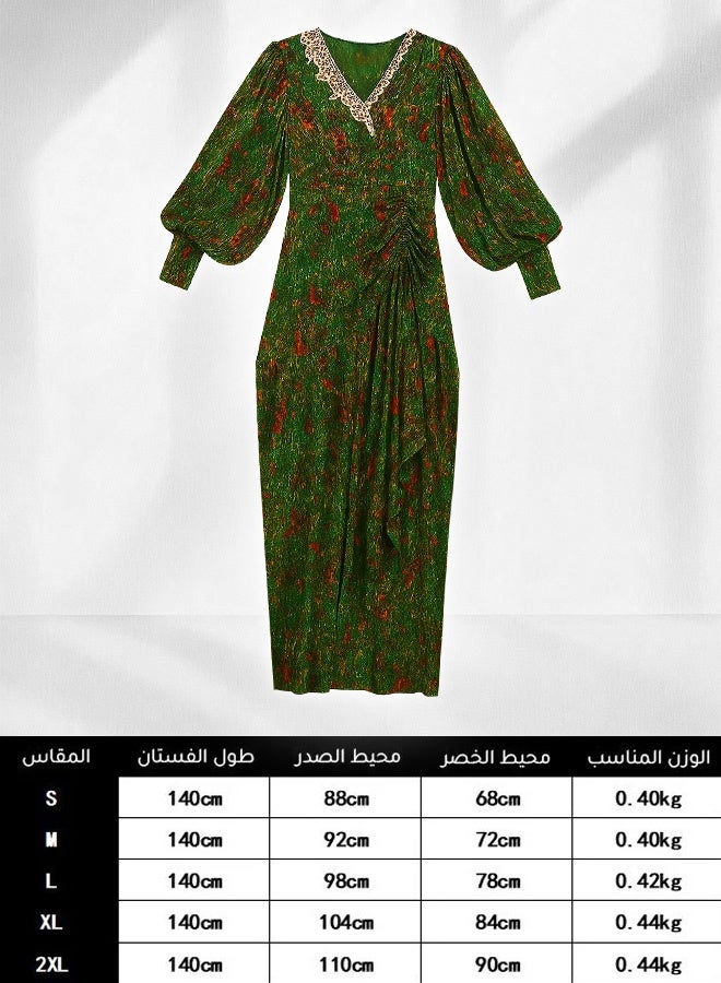 Ladies' dress, elegant and generous, with pleated design at the waist, casual retro V-neck long dress, ankle-length dress, women's casual Eid (green)  - Image 5
