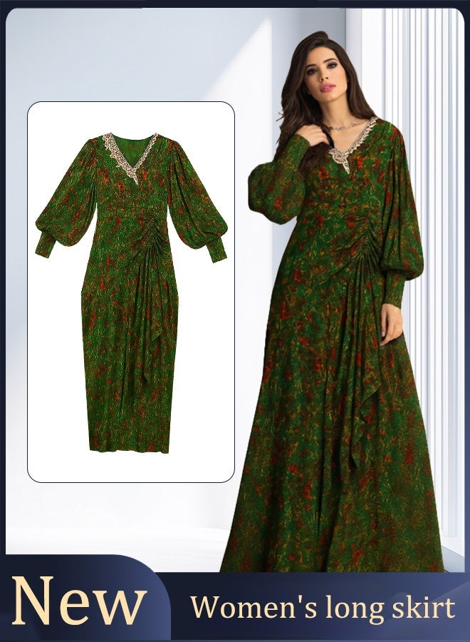 Ladies' dress, elegant and generous, with pleated design at the waist, casual retro V-neck long dress, ankle-length dress, women's casual Eid (green)  - Image 1