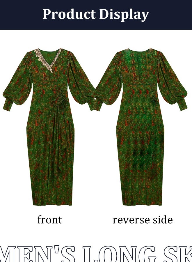 Ladies' dress, elegant and generous, with pleated design at the waist, casual retro V-neck long dress, ankle-length dress, women's casual Eid (green)  - Image 4