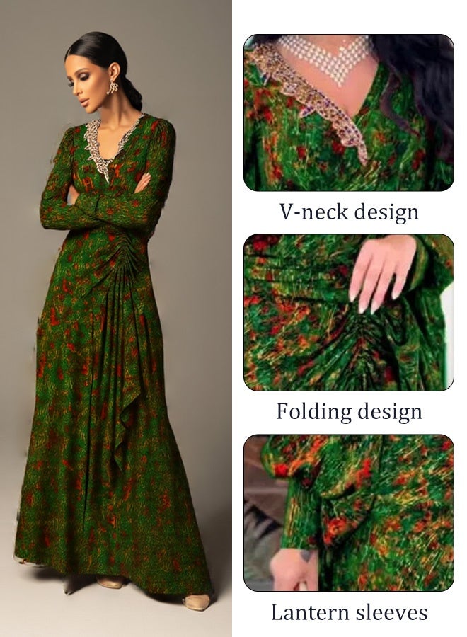 Ladies' dress, elegant and generous, with pleated design at the waist, casual retro V-neck long dress, ankle-length dress, women's casual Eid (green)  - Image 2