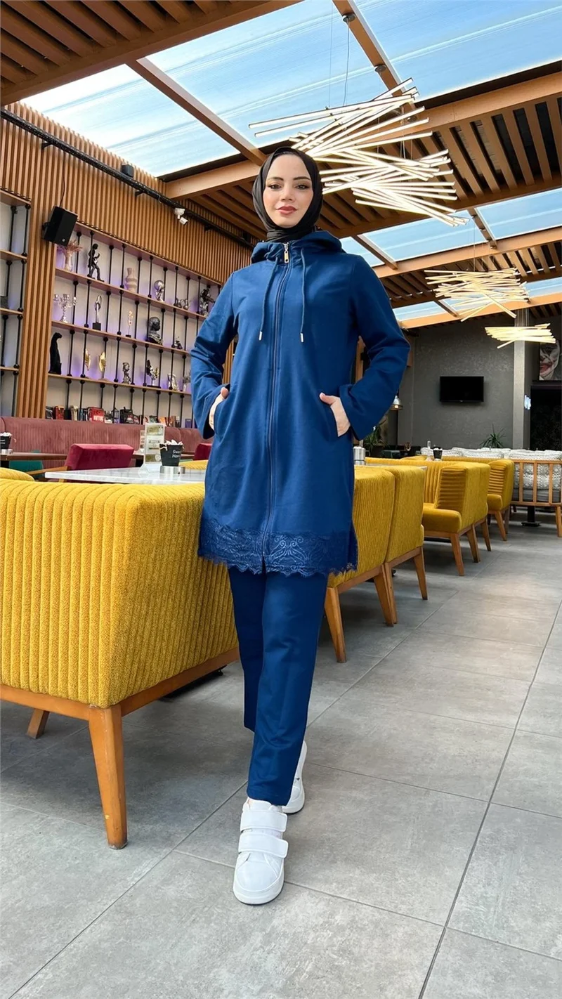 Bwest Zippered Hooded Lace Patterned Tunic Trousers Two Piece Sports Suit - 71158 - Indigo