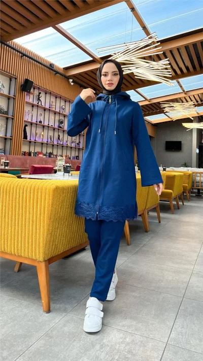 Bwest Zippered Hooded Lace Patterned Tunic Trousers Two Piece Sports Suit - 71158 - Indigo