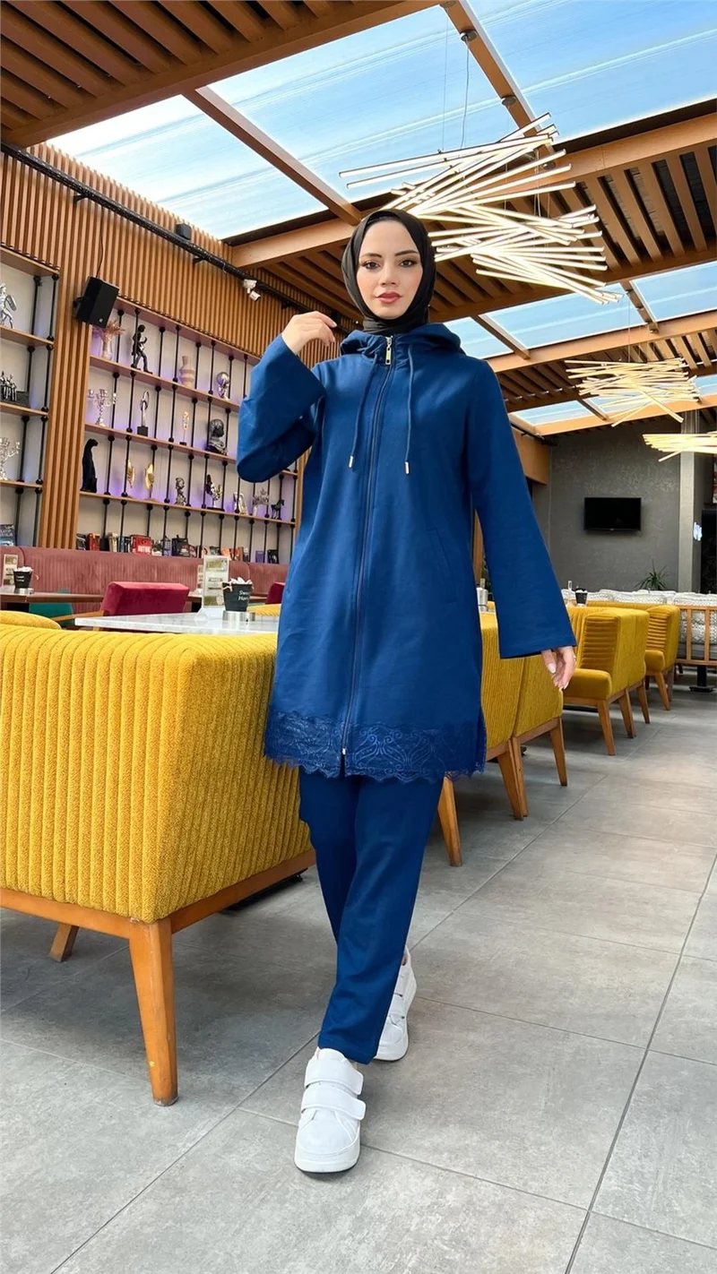 Bwest Zippered Hooded Lace Patterned Tunic Trousers Two Piece Sports Suit - 71158 - Indigo