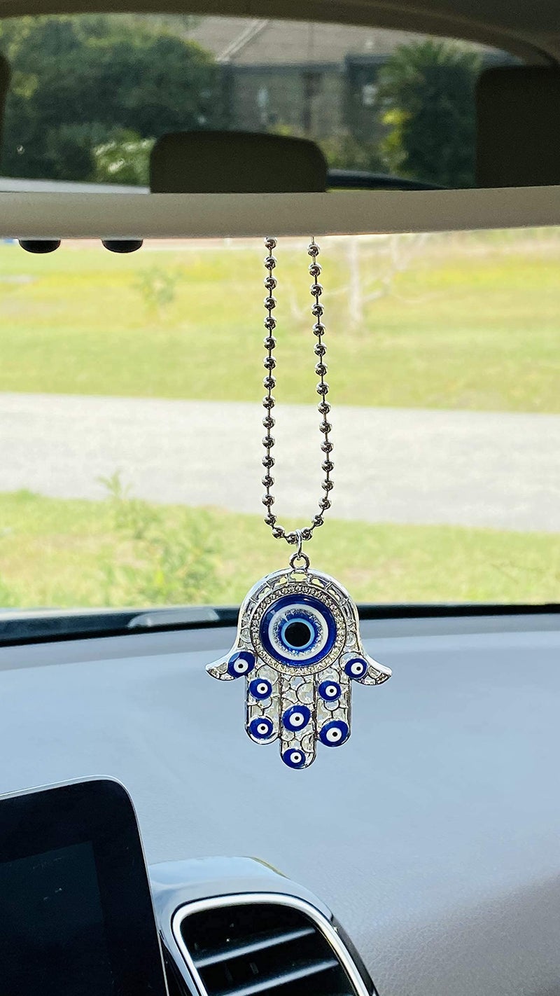 Luckboostium hamsa تميمة يدوية قلادة ث/أحجار الراين الكريستالية - أبيض أبيض وأسود شرير للسيارة معلقة - إكسسوارات مرآة المنظر الخلفي - سحر حقيبة الجدار (الفضة والكرة) - Image 4