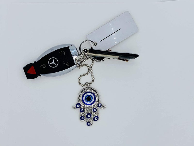 Luckboostium hamsa تميمة يدوية قلادة ث/أحجار الراين الكريستالية - أبيض أبيض وأسود شرير للسيارة معلقة - إكسسوارات مرآة المنظر الخلفي - سحر حقيبة الجدار (الفضة والكرة) - Image 3