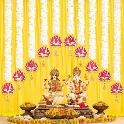 BENAVJI Presents Handmade Artificial Jasmin Mogra Garland String with MDF Lotus in Bell Style for Home Deocr Diwali Decoration Size 60 CM Length Pack of 10 - Image 2