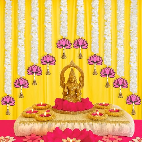 BENAVJI Presents Handmade Artificial Jasmin Mogra Garland String with MDF Lotus in Bell Style for Home Deocr Diwali Decoration Size 60 CM Length Pack of 10 - Image 3