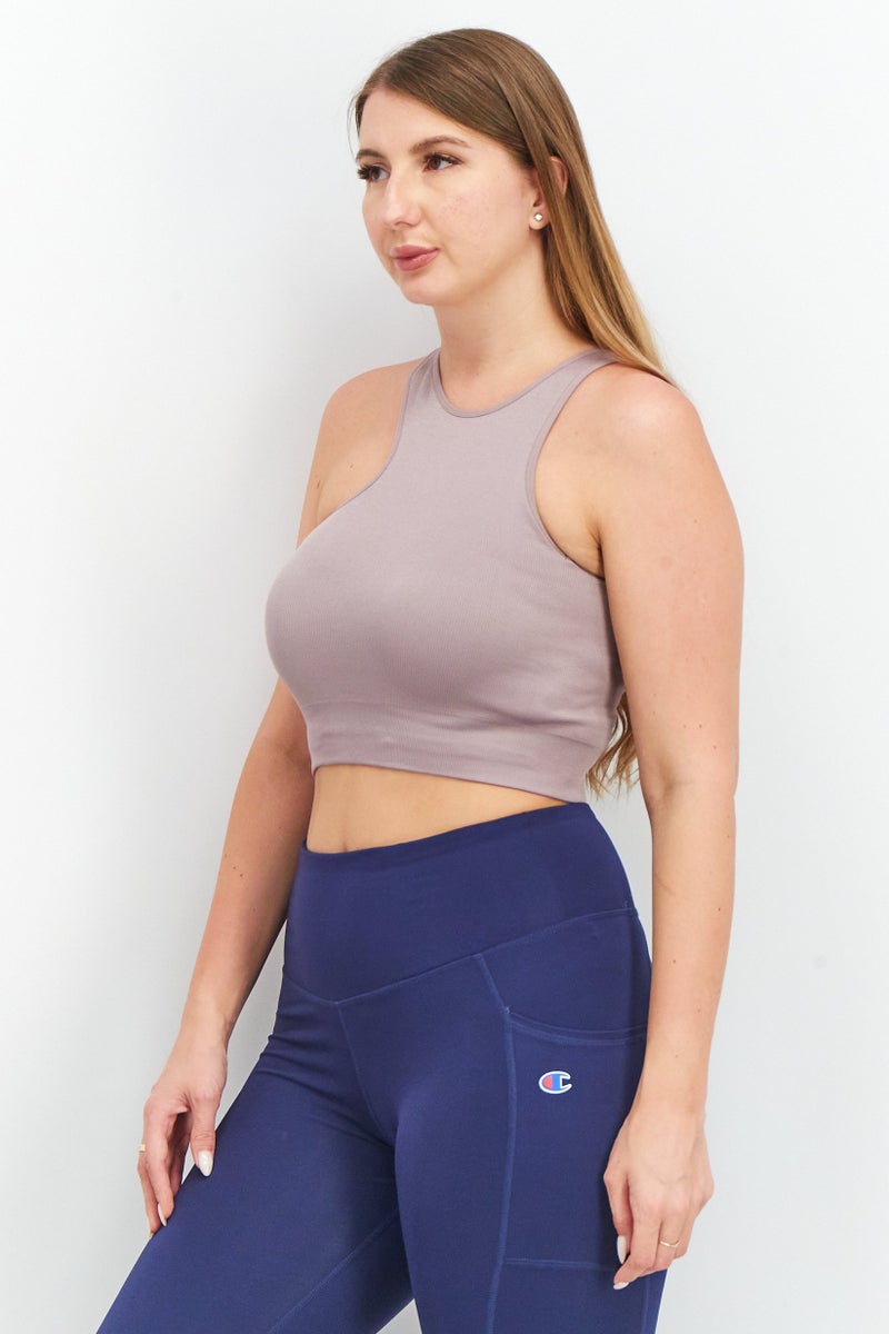 NA-KD Women Crew Neck Sleeveless Rib Top, Taupe - Image 3