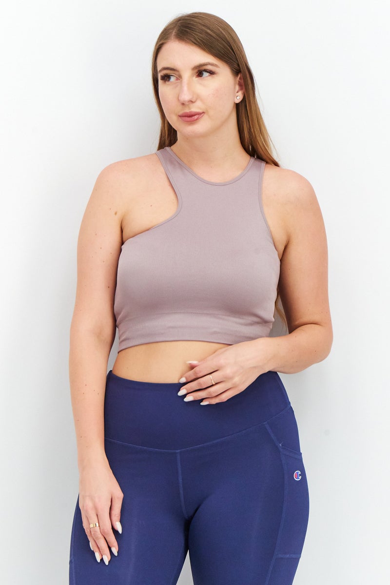 NA-KD Women Crew Neck Sleeveless Rib Top, Taupe - Image 1