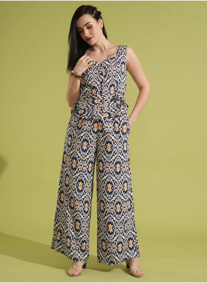 globus Globus Ethnic Print Waist Tie-Up Peplum Top and Trouser Co-Ords