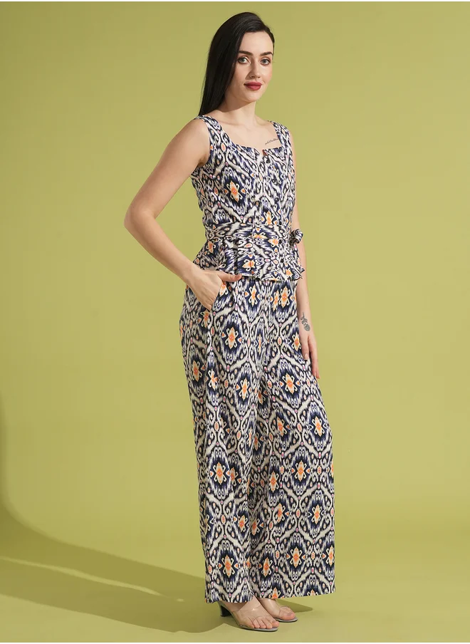 globus Globus Ethnic Print Waist Tie-Up Peplum Top and Trouser Co-Ords