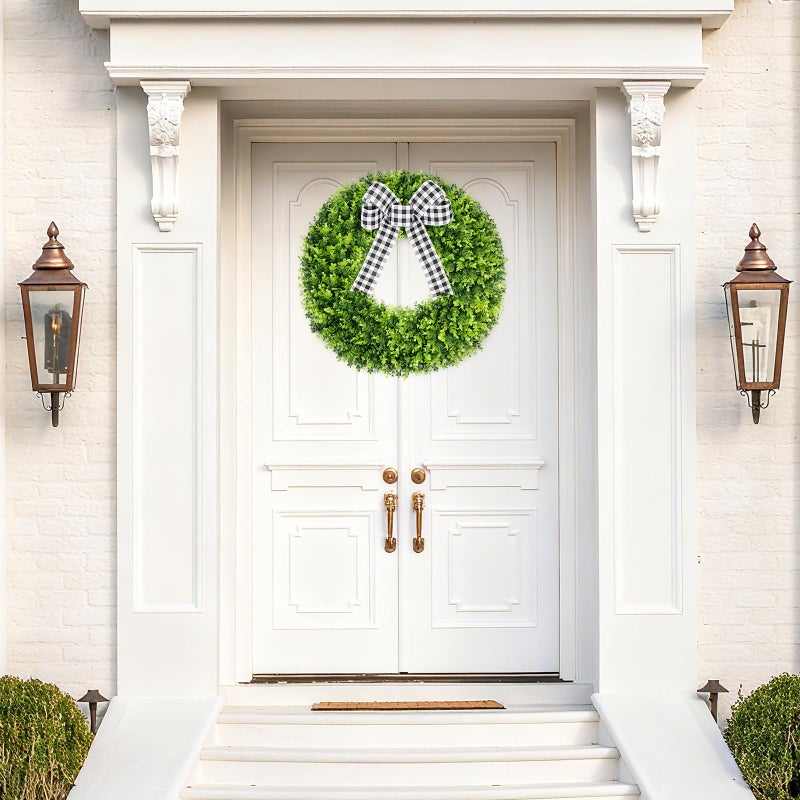 Vlorart 28" Faux Round Boxwood Wreath, Artificial Large Boxwood Wreath Front Door Wreaths Artificial Spring Summer Greenery Hanging with A Plaid Bow for Villa Wall Hanging Window Wedding Party Decor - Image 2
