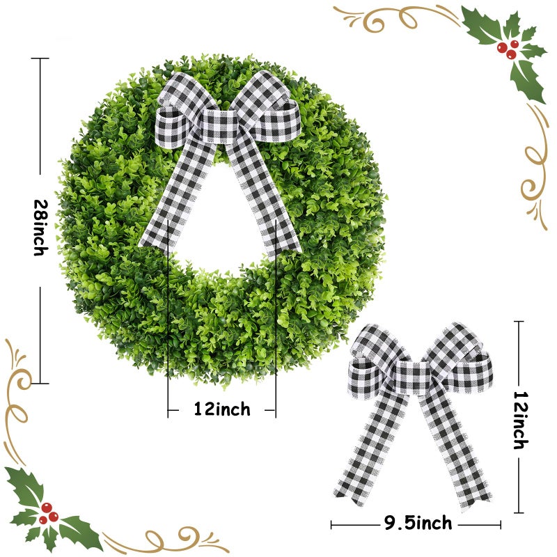 Vlorart 28" Faux Round Boxwood Wreath, Artificial Large Boxwood Wreath Front Door Wreaths Artificial Spring Summer Greenery Hanging with A Plaid Bow for Villa Wall Hanging Window Wedding Party Decor - Image 3