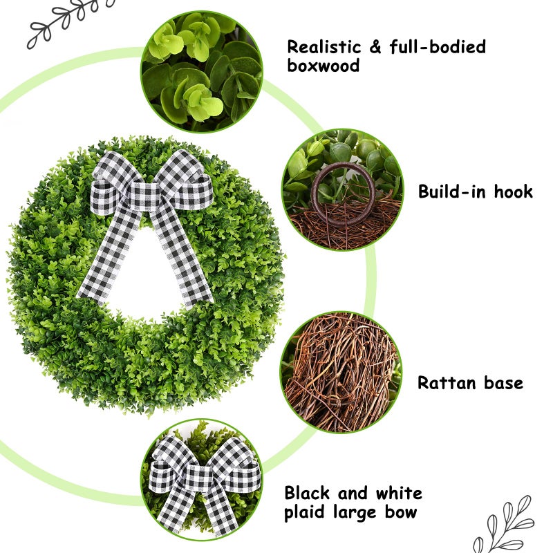 Vlorart 28" Faux Round Boxwood Wreath, Artificial Large Boxwood Wreath Front Door Wreaths Artificial Spring Summer Greenery Hanging with A Plaid Bow for Villa Wall Hanging Window Wedding Party Decor - Image 4
