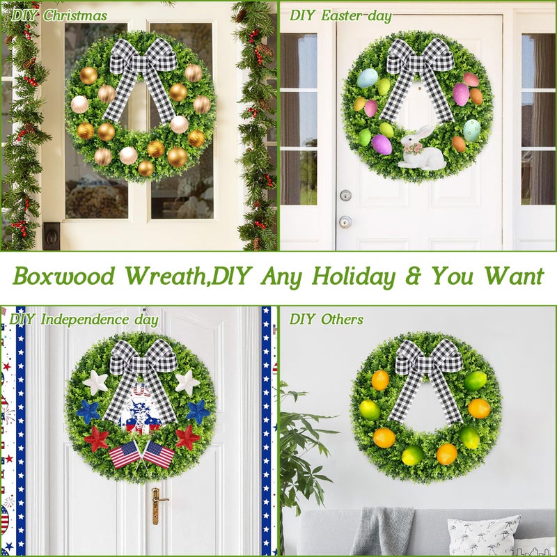 Vlorart 28" Faux Round Boxwood Wreath, Artificial Large Boxwood Wreath Front Door Wreaths Artificial Spring Summer Greenery Hanging with A Plaid Bow for Villa Wall Hanging Window Wedding Party Decor - Image 5