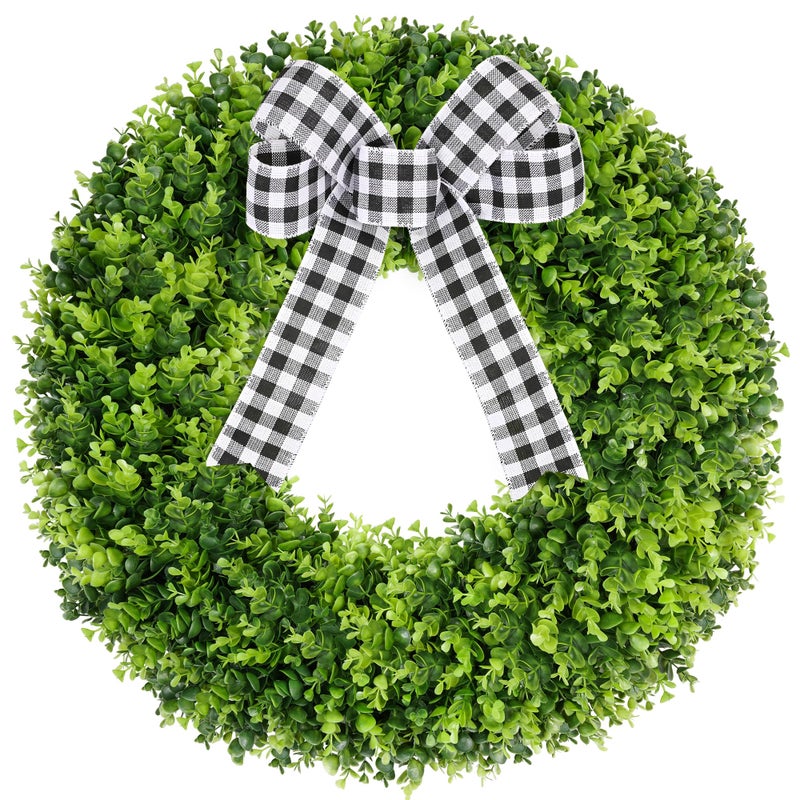 Vlorart 28" Faux Round Boxwood Wreath, Artificial Large Boxwood Wreath Front Door Wreaths Artificial Spring Summer Greenery Hanging with A Plaid Bow for Villa Wall Hanging Window Wedding Party Decor - Image 1