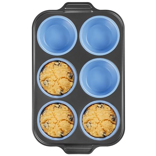 BRONYPRO Jumbo Silicone Muffin Pan with Metal Frame, 3.5" Large Muffin Tins, Non-Toxic Food Grade Silicone, Non-Stick for Egg Bites & Big Cupcakes, Oven Safe, Blue - Image 1