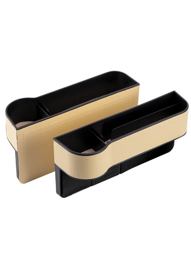 منظم مقعد السيارة، مجموعة منظم فجوات مقعد السيارة، عبوتان، زوج واحد، قطعتان، ملحقات صندوق تخزين متعدد الوظائف، جلد مع جيب جانبي لحامل الأكواب، تخزين داخلي للسيارة، قطعتان، بيج - Image 2