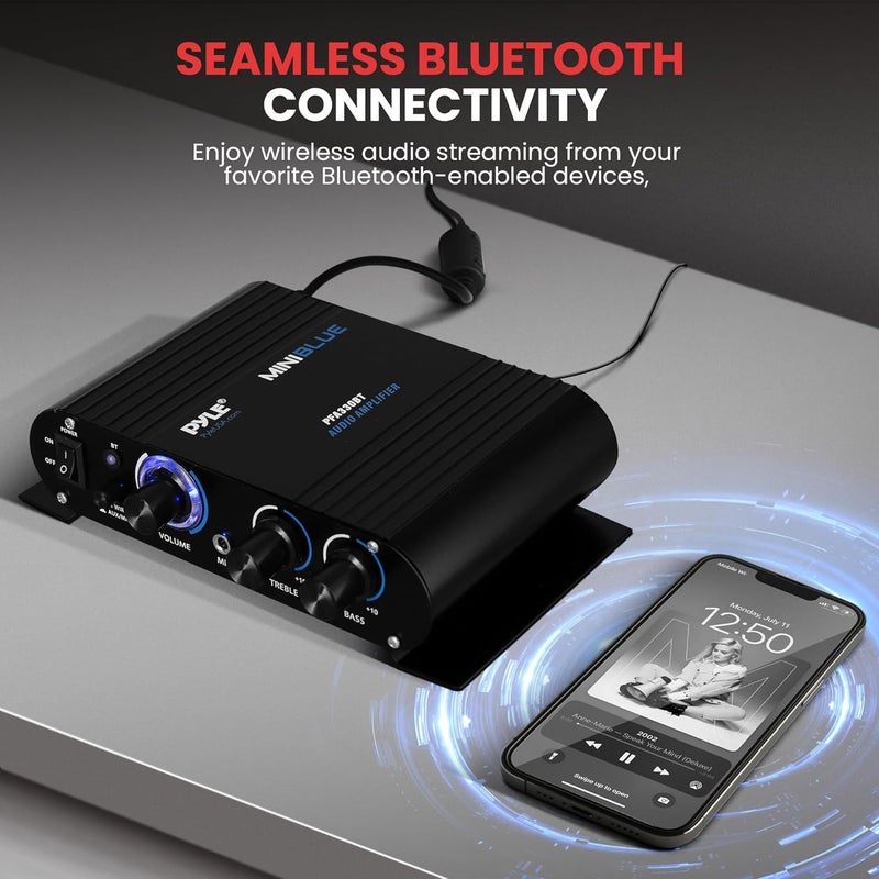Pyle Wireless Bluetooth Home Audio Amplifier - 90W Dual Channel Mini Portable Power Stereo Sound Receiver w/ Speaker Selector, RCA, AUX, LED, 12V Adapter - For Smartphone PA, Studio Use - PFA330BT - Image 2