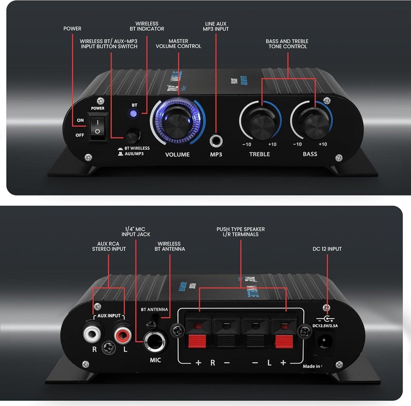 Pyle Wireless Bluetooth Home Audio Amplifier - 90W Dual Channel Mini Portable Power Stereo Sound Receiver w/ Speaker Selector, RCA, AUX, LED, 12V Adapter - For Smartphone PA, Studio Use - PFA330BT - Image 5