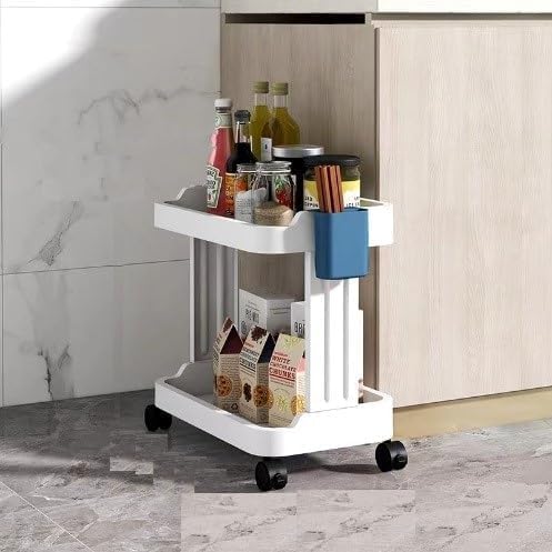 GNOLY Folding Storage Rack Organizer Shelf with Wheels Space Saving Slide Out Utility Organizer Pantry Rack Shelves for Kitchen Bedroom Office Garage Shops Salon 2 Layer