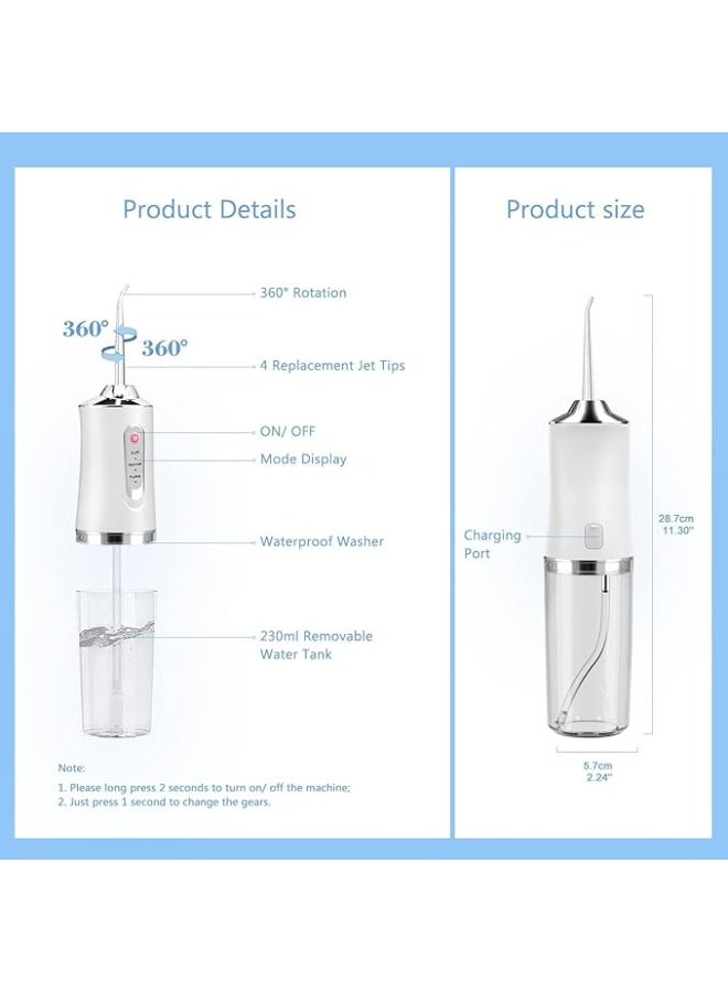 جهاز ريّ فموي لاسلكي، خيط تنظيف أسنان مائي لاسلكي بثلاثة أوضاع وأربع فوهات بديلة، منظف بين الأسنان قابل لإعادة الشحن مع خزان مياه قابل للإزالة سعة 230 مل، مناسب للمنزل، والسفر، والاستحمام (أبيض) - Image 5