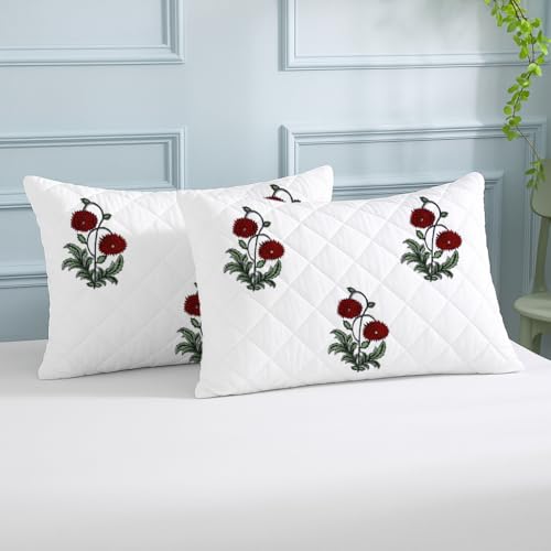 LINENWALAS Block Printed Cotton Quilted Pillow Cover - Set of 2 |Ultra-Soft, Cooling & Breathable |Skin & Hair Friendly|Zipper Closure |Sweat-Absorbent & Hypoallergenic (18x28 Inches, Ruby Flora) - Image 1