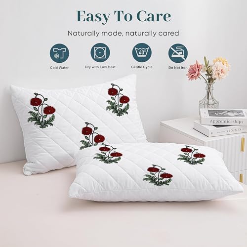 LINENWALAS Block Printed Cotton Quilted Pillow Cover - Set of 2 |Ultra-Soft, Cooling & Breathable |Skin & Hair Friendly|Zipper Closure |Sweat-Absorbent & Hypoallergenic (18x28 Inches, Ruby Flora) - Image 4