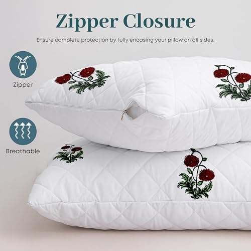 LINENWALAS Block Printed Cotton Quilted Pillow Cover - Set of 2 |Ultra-Soft, Cooling & Breathable |Skin & Hair Friendly|Zipper Closure |Sweat-Absorbent & Hypoallergenic (18x28 Inches, Ruby Flora) - Image 3