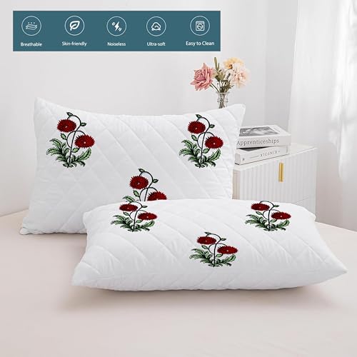 LINENWALAS Block Printed Cotton Quilted Pillow Cover - Set of 2 |Ultra-Soft, Cooling & Breathable |Skin & Hair Friendly|Zipper Closure |Sweat-Absorbent & Hypoallergenic (18x28 Inches, Ruby Flora) - Image 5