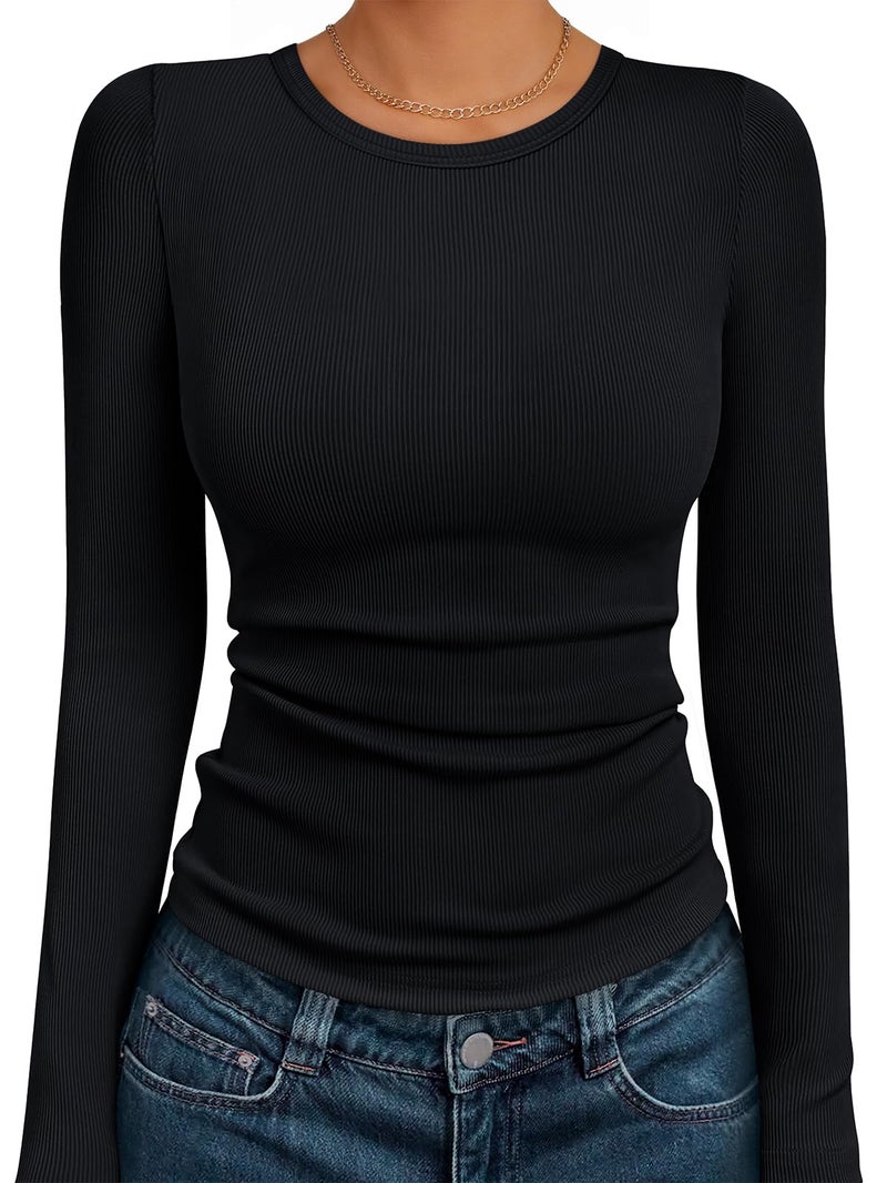 AUTOMET Women's Ribbed Long Sleeve Basic Top - Soft Stretch Crewneck Shirt for Work & Casual Black 2XL - Image 1
